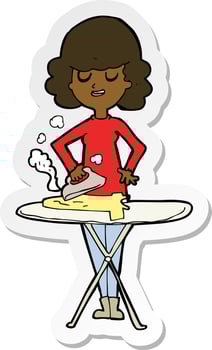 sticker of a cartoon woman ironing vector
