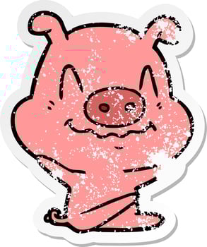 distressed sticker of a nervous cartoon pig sitting vector