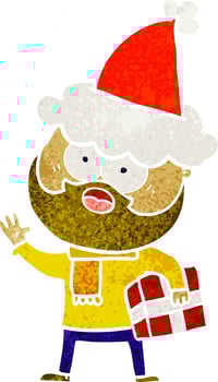retro cartoon of a bearded man with present wearing santa hat vector