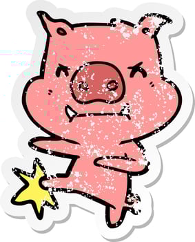 distressed sticker of a angry cartoon pig karate kicking vector