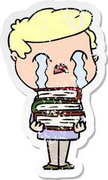 distressed sticker of a cartoon man crying over stack of books vector