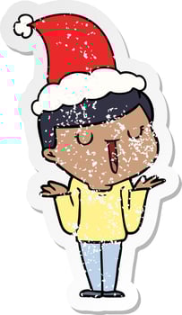distressed sticker cartoon of a happy boy with no worries wearing santa hat vector