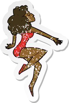retro distressed sticker of a cartoon dancing woman vector
