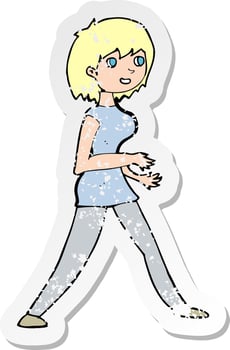 retro distressed sticker of a cartoon woman walking vector