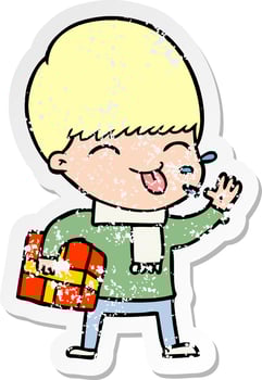 distressed sticker of a cartoon boy sticking out tongue vector