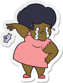 sticker of a cartoon crying woman dropping handkerchief vector