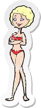 retro distressed sticker of a cartoon retro woman in bikini vector