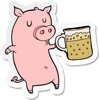 sticker of a cartoon pig with beer vector