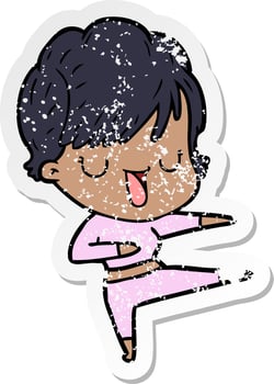 distressed sticker of a cartoon woman talking vector