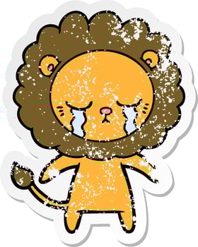 distressed sticker of a crying cartoon lion vector
