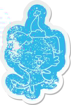 cartoon distressed sticker of a dancing dog wearing santa hat vector
