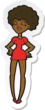 sticker of a cartoon happy woman with hands on hips vector