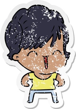distressed sticker of a cartoon laughing woman vector