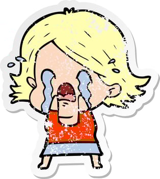 distressed sticker of a cartoon woman crying vector
