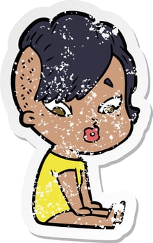 distressed sticker of a cartoon surprised girl vector