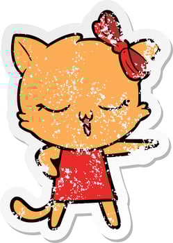 distressed sticker of a cartoon cat with bow on head vector