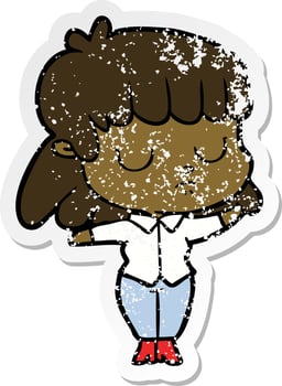 distressed sticker of a cartoon indifferent woman vector