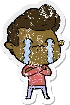 distressed sticker of a cartoon man crying vector