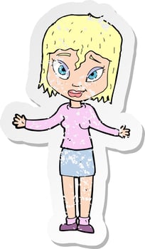 retro distressed sticker of a cartoon woman shrugging shoulders vector