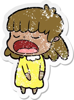 distressed sticker of a cartoon woman talking loudly vector