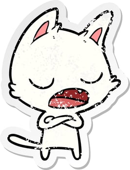 distressed sticker of a talking cat cartoon vector