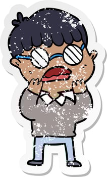 distressed sticker of a cartoon shocked boy wearing spectacles vector