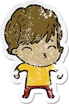 distressed sticker of a cartoon woman thinking vector