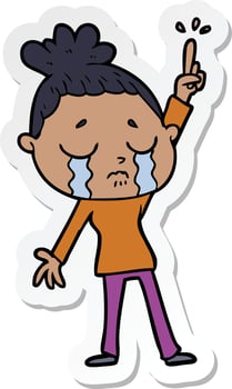 sticker of a cartoon crying woman raising hand vector