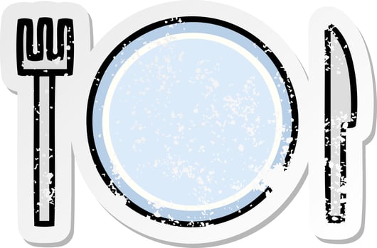 distressed sticker of a cute cartoon plate and cutlery vector