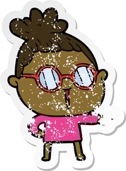 distressed sticker of a cartoon woman wearing spectacles vector