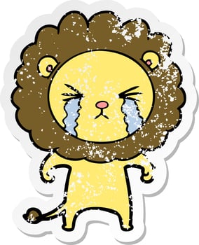 distressed sticker of a cartoon crying lion vector