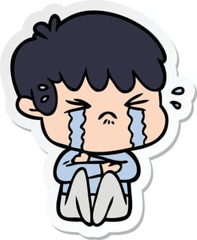 sticker of a cartoon boy crying vector