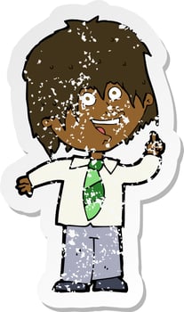 retro distressed sticker of a cartoon school boy with idea vector