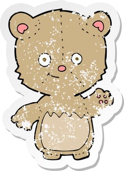 retro distressed sticker of a cartoon little teddy bear waving vector