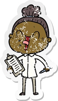distressed sticker of a cartoon happy old woman vector