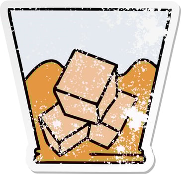 distressed sticker of a quirky hand drawn cartoon whisky and ice vector