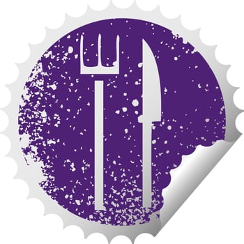 distressed circular peeling sticker symbol knife and fork vector