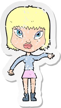 retro distressed sticker of a cartoon woman making gesture vector