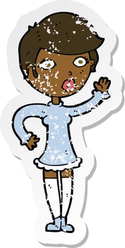 retro distressed sticker of a cartoon pretty woman waving vector