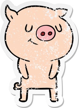 distressed sticker of a happy cartoon pig vector