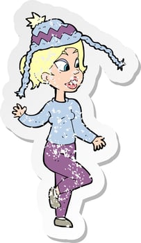 retro distressed sticker of a cartoon woman in knitted hat vector