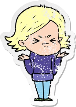 distressed sticker of a cartoon angry woman vector