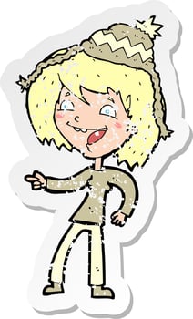 retro distressed sticker of a cartoon woman wearing hat vector