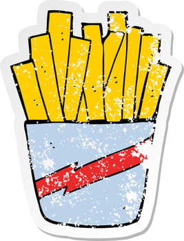 distressed sticker of a cartoon box of fries vector