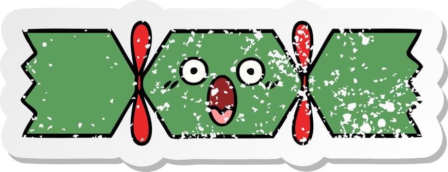 distressed sticker of a cute cartoon christmas cracker vector