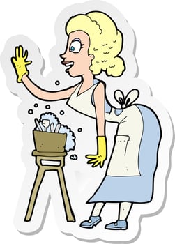 sticker of a cartoon housewife washing up vector