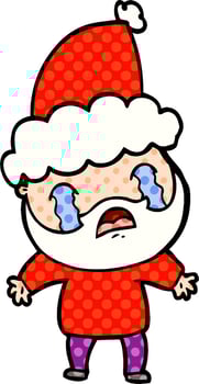 comic book style illustration of a bearded man crying wearing santa hat vector