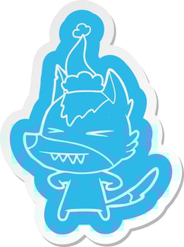 angry wolf cartoon  sticker of a wearing santa hat vector
