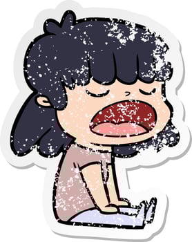 distressed sticker of a cartoon woman talking loudly vector