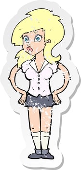 retro distressed sticker of a cartoon pretty woman vector